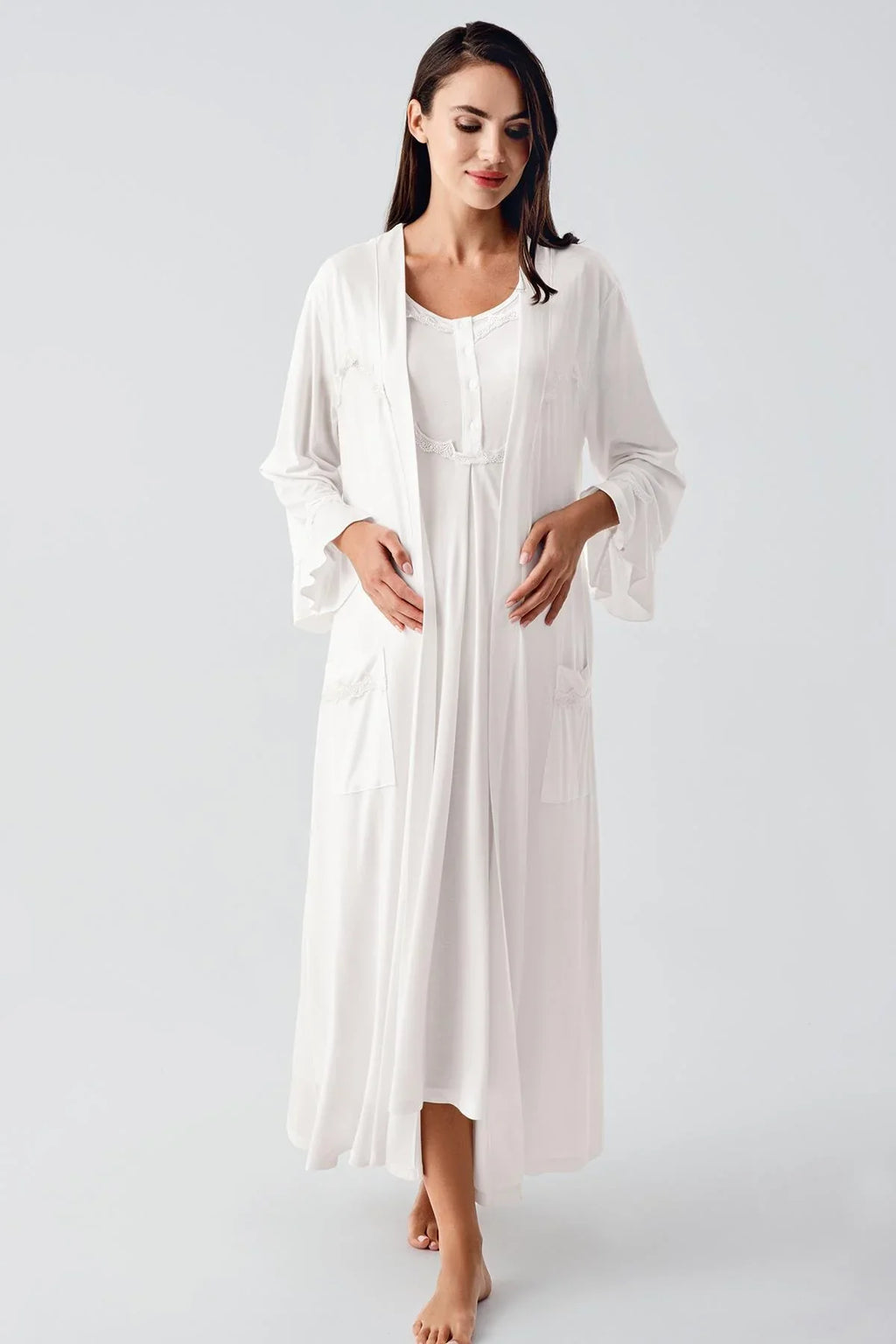 A1746 Lace Collar Maternity Nursing Nightgown with Flywheel Arm Robe Ecru 12401 Ecru XL