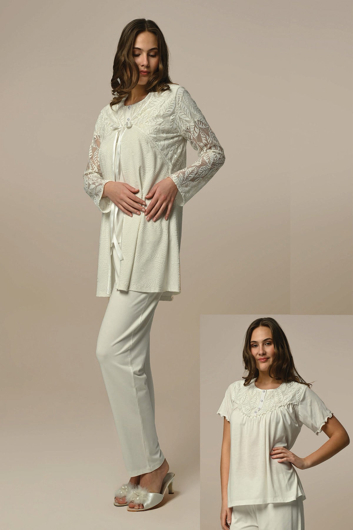 Leaf Lace 3-Pieces Maternity & Nursing Pajamas With Jacquard Robe Ecru - 23332