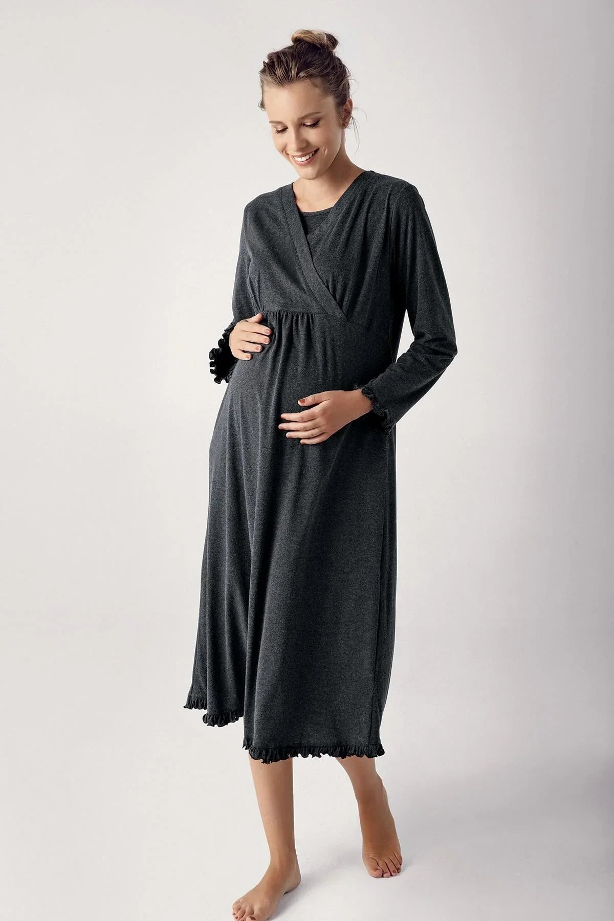 Double Breasted Maternity & Nursing Nightgown Anthracite - 13112