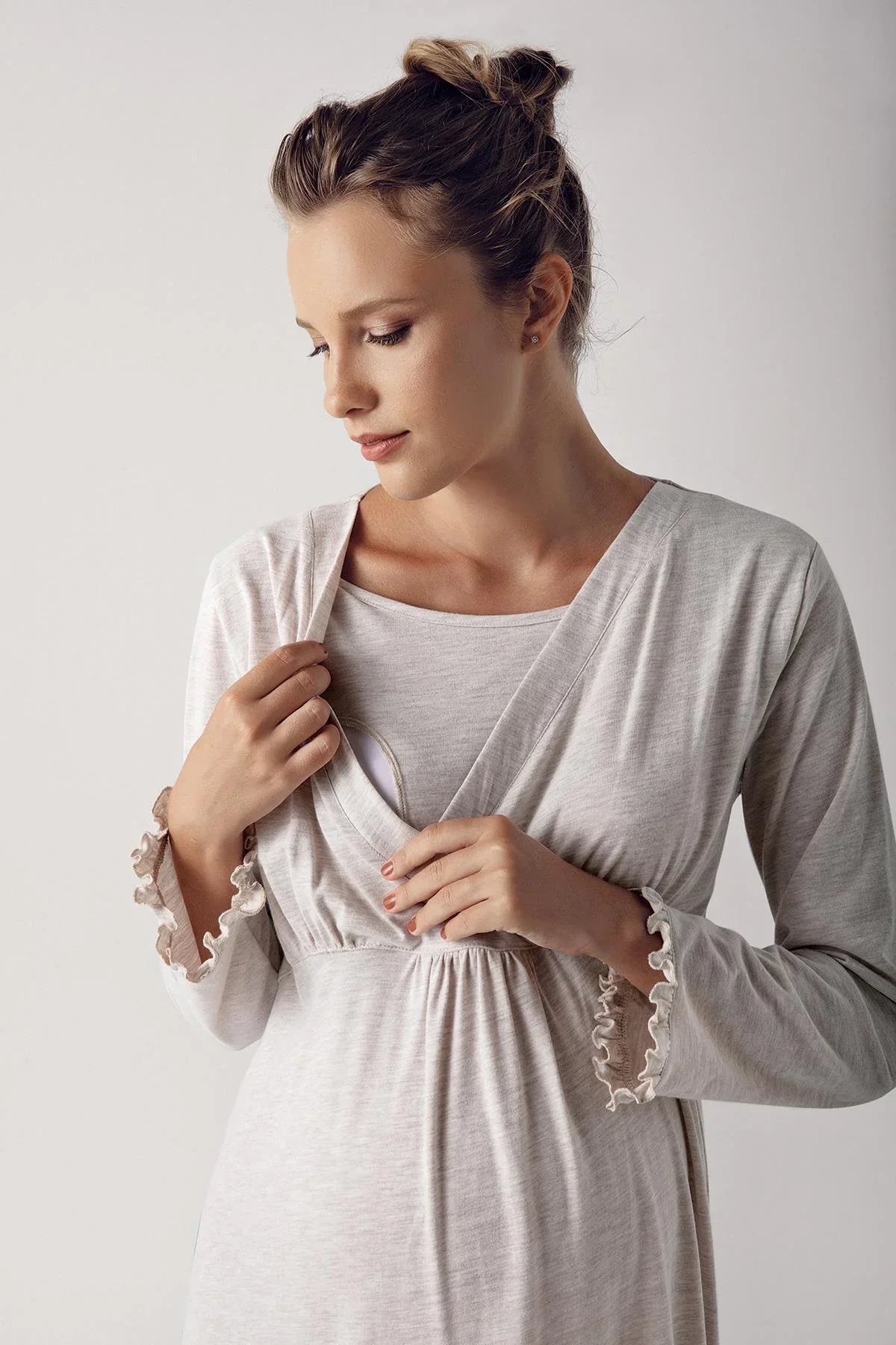 Double Breasted Maternity & Nursing Nightgown Beige - 13112