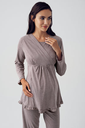 Double Breasted 3-Pieces Maternity & Nursing Pajamas With Knitwear Robe Coffee - 15301