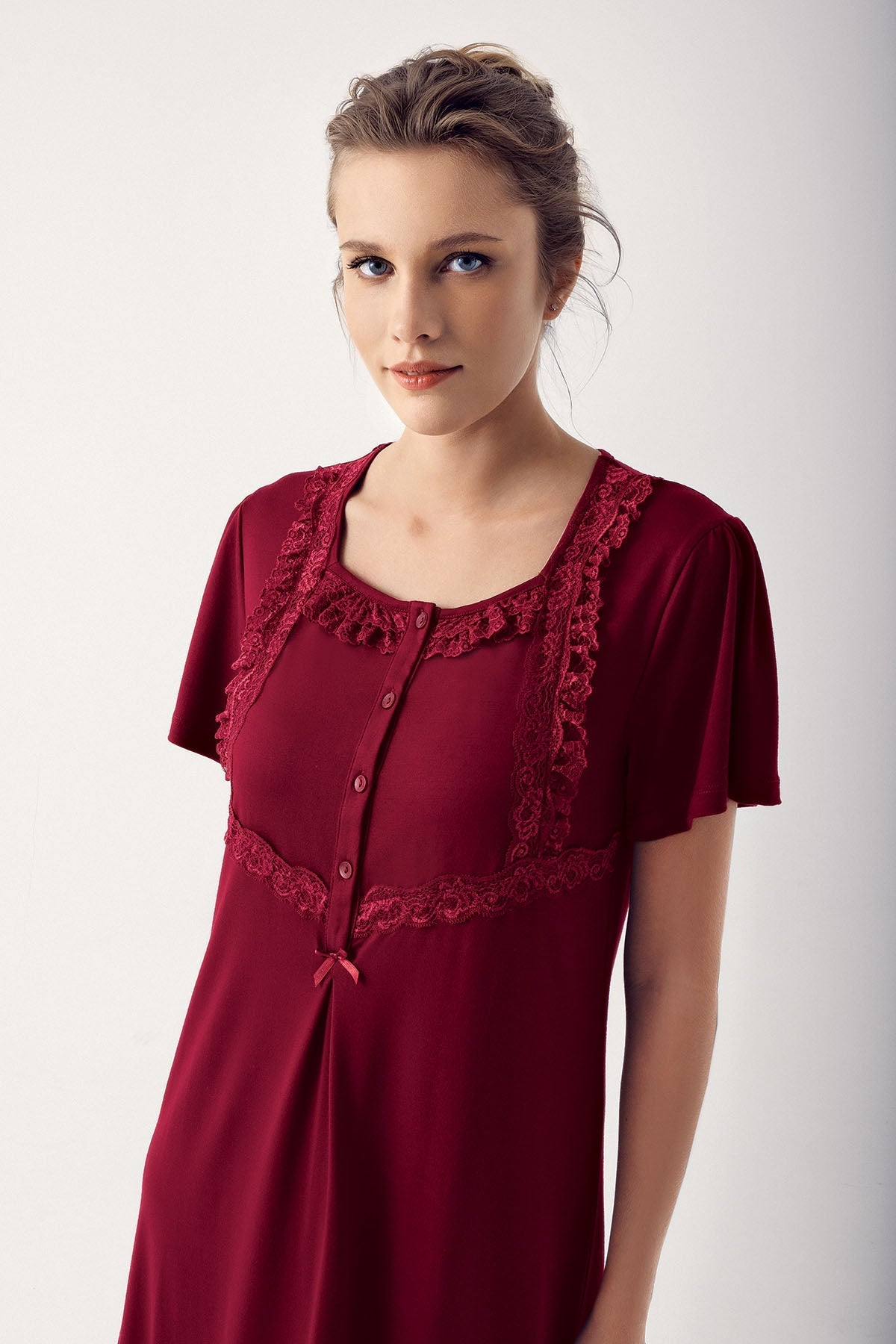 Square Collar Lace Plus Size Maternity & Nursing Nightgown Claret Red - 14110