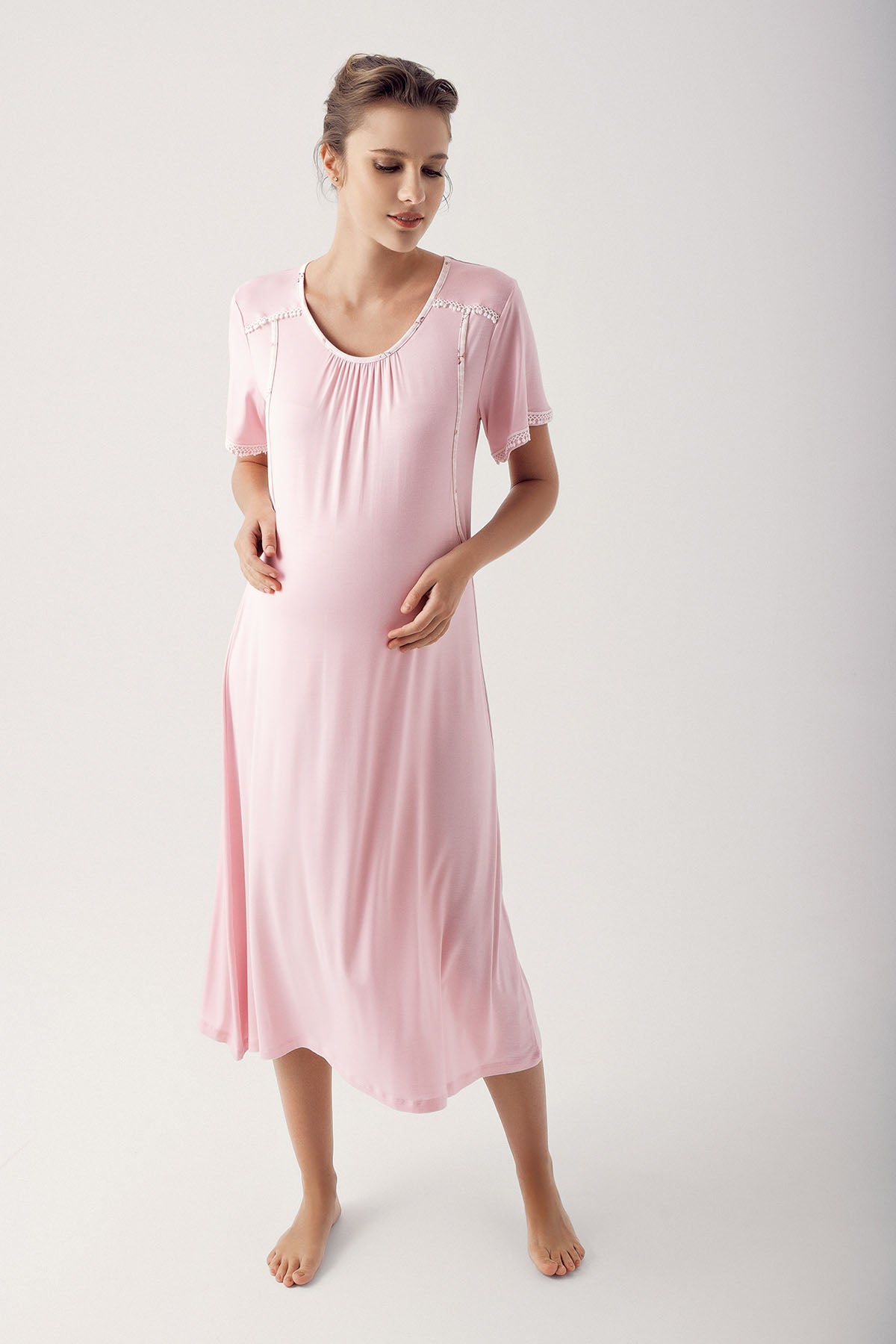 Breastfeeding Detailed Maternity & Nursing Nightgown Powder - 14127