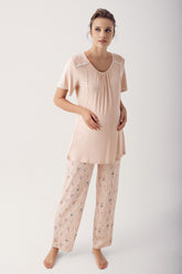 Breastfeeding Detailed Maternity & Nursing Pajamas Beige - 14208