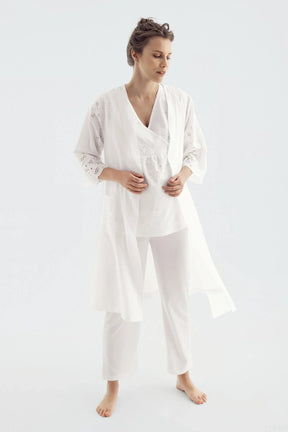 Double Breasted 3-Piece Maternity-Nursing Pajama & Woven Robe Set Ecru - 14313