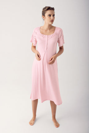 Motif Embroidered Maternity-Nursing Nightgown & Robe Set Powder - 14400