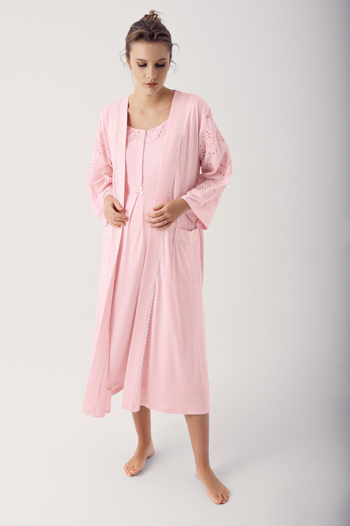 Motif Embroidered Maternity & Nursing Nightgown With Robe Powder - 14400