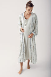 Breastfeeding Detailed Maternity & Nursing Nightgown With Patterned Robe Green - 14404