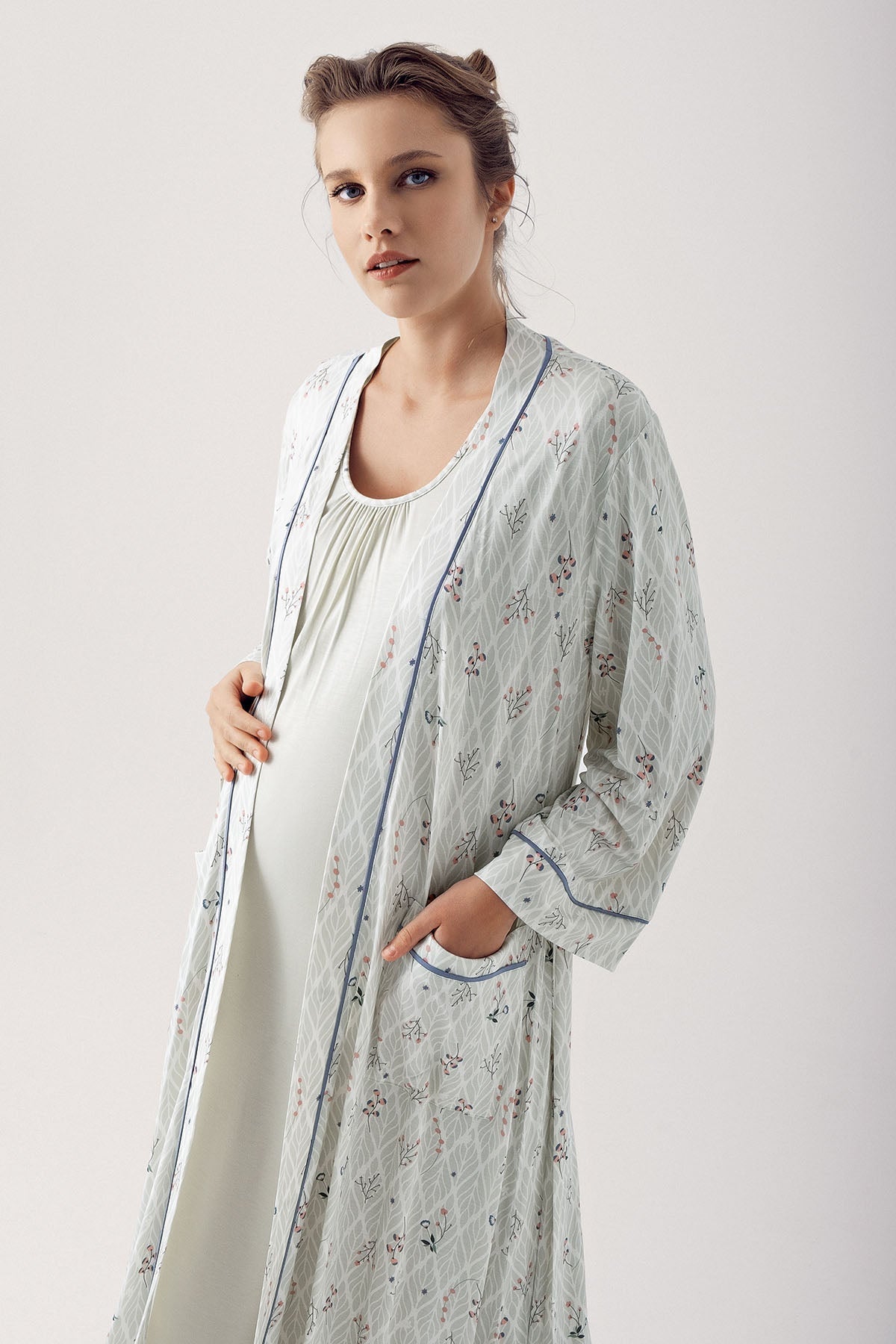 Breastfeeding Detailed Maternity & Nursing Nightgown With Patterned Robe Green - 14404