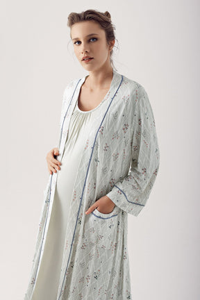 Breastfeeding Detailed Maternity & Nursing Nightgown With Patterned Robe Green - 14404