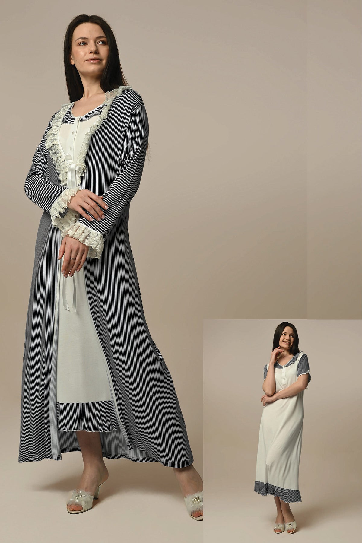 Ruffle Lace Edge Maternity & Nursing Nightgown With Robe Ecru - 23504
