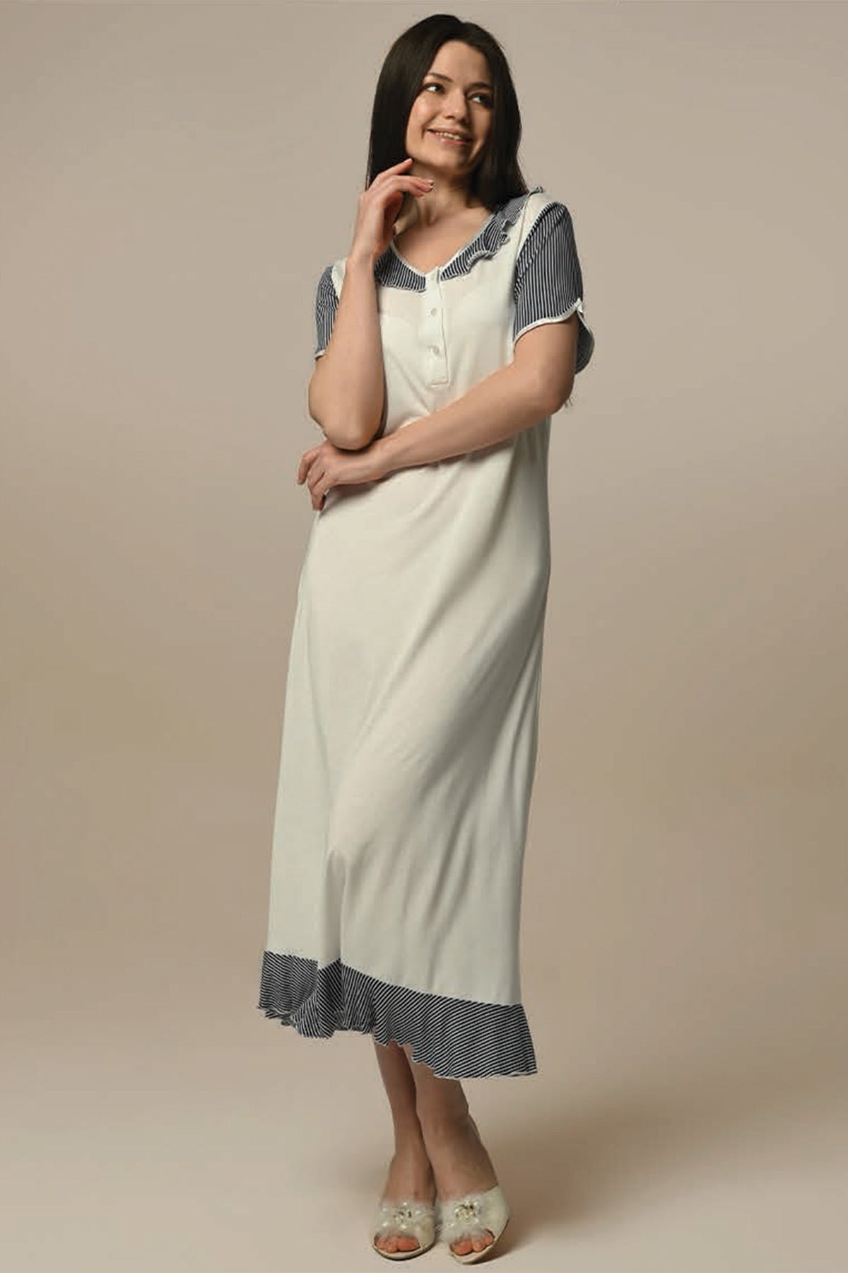 Ruffle Lace Edge Maternity & Nursing Nightgown With Robe Ecru - 23504