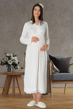 Lace Maternity & Nursing Nightgown With Robe Ecru - 1518