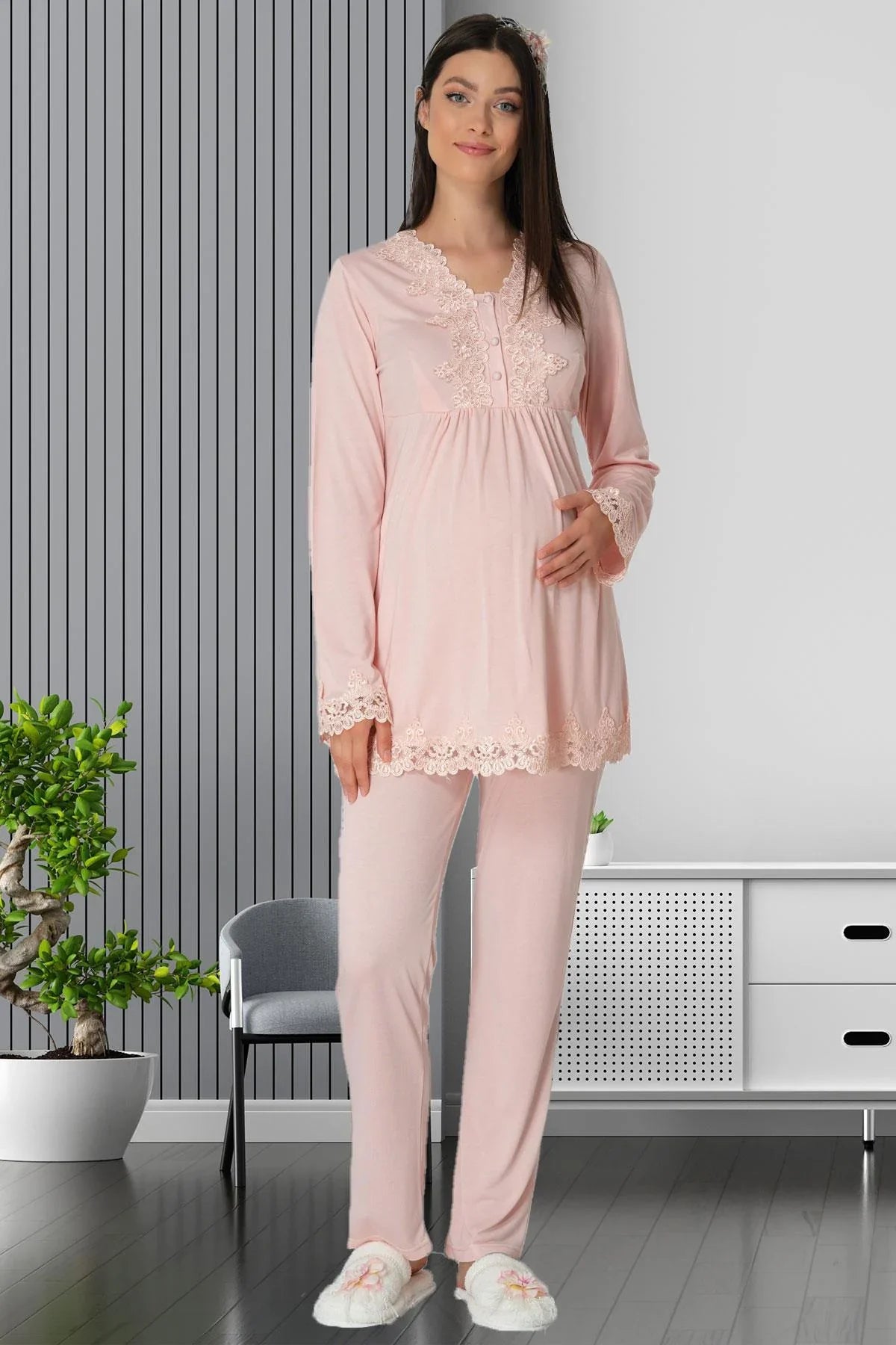 Lace 4 Pieces Maternity & Nursing Set Powder - 1519