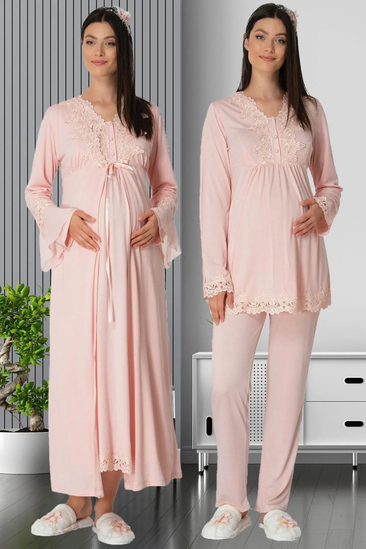 Lace 4 Pieces Maternity & Nursing Set Powder - 1519