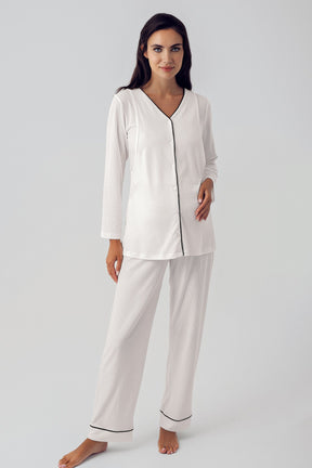 Double Breast Feeding 3-Pieces Maternity & Nursing Pajamas With Robe Ecru - 15307