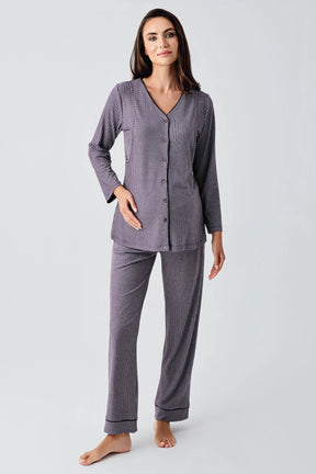 Double Breast Feeding 3-Pieces Maternity & Nursing Pajamas With Robe Purple - 15307