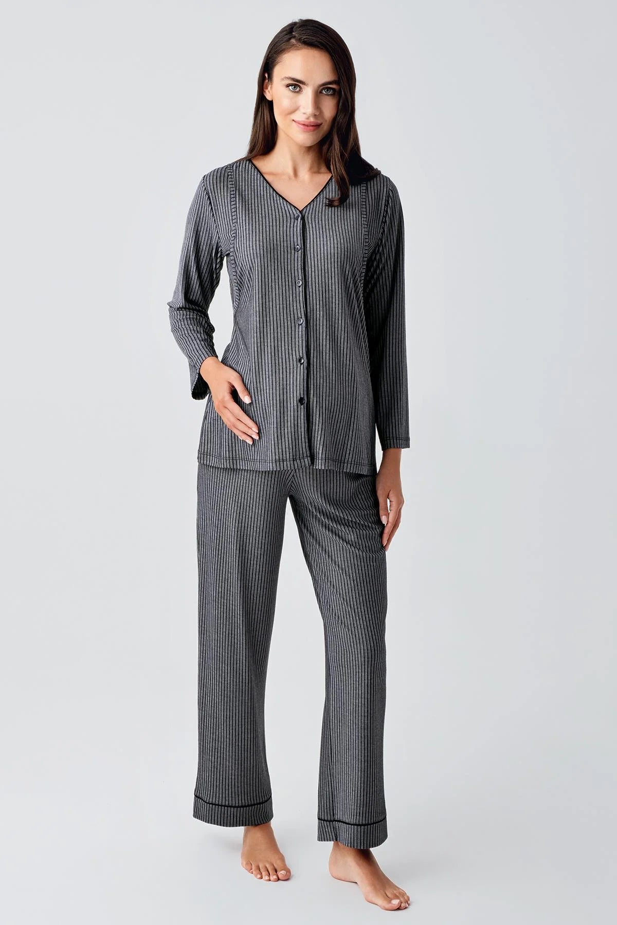 Double Breast Feeding 3-Pieces Maternity & Nursing Pajamas With Robe Black - 15307