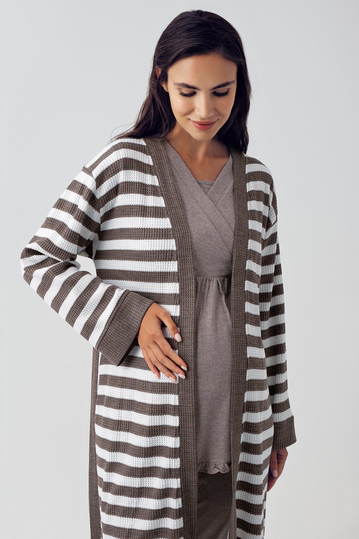 Double Breasted 3-Pieces Maternity & Nursing Pajamas With Knitwear Robe Coffee - 15301