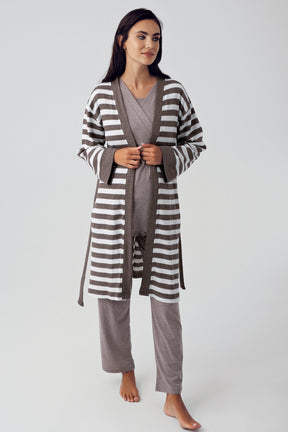 Double Breasted 3-Pieces Maternity & Nursing Pajamas With Knitwear Robe Coffee - 15301