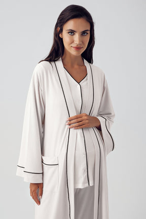 Double Breast Feeding 3-Pieces Maternity & Nursing Pajamas With Robe Ecru - 15307