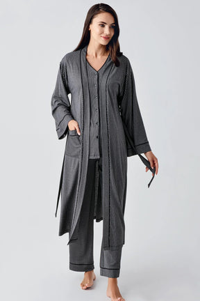 Double Breast Feeding 3-Pieces Maternity & Nursing Pajamas With Robe Black - 15307