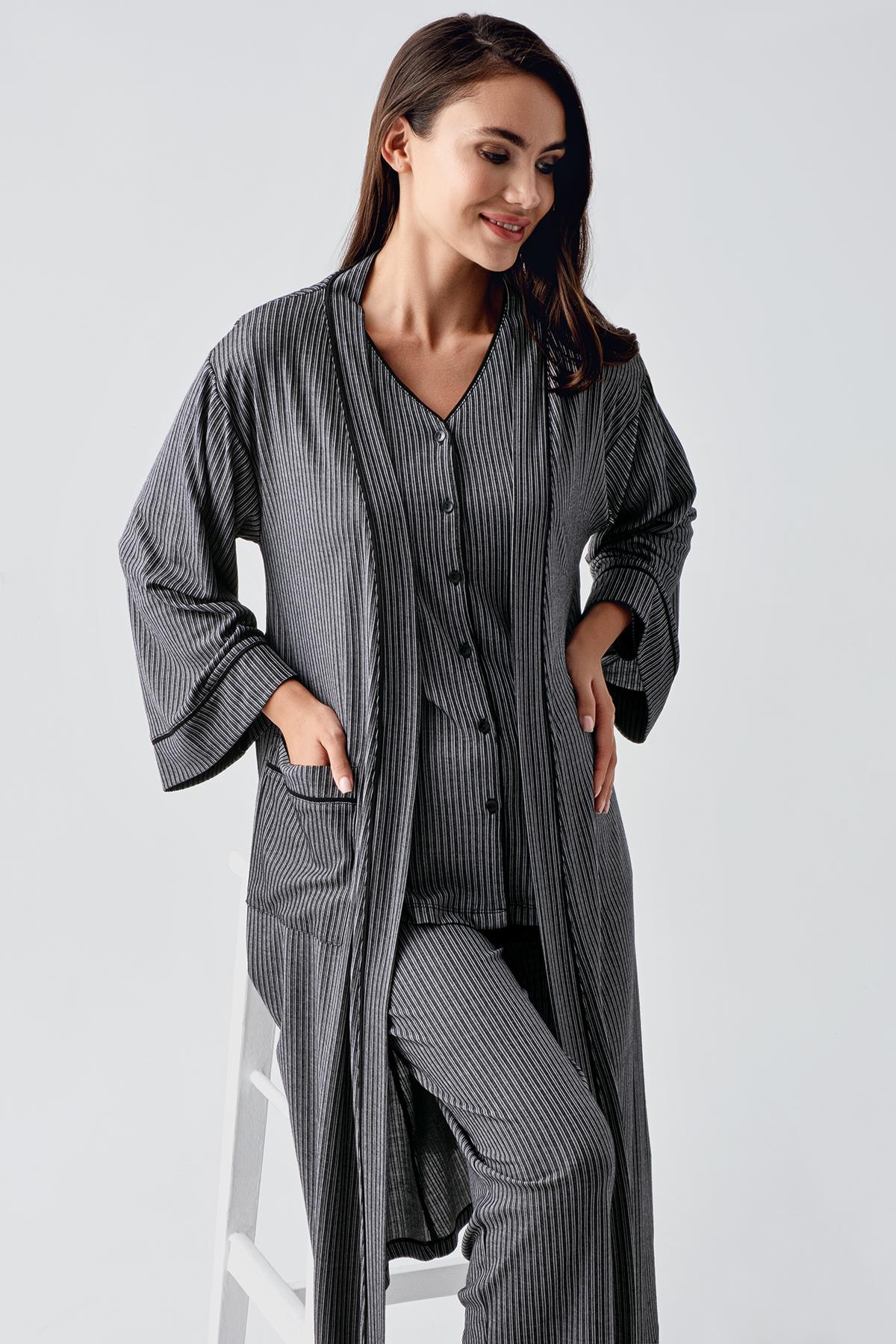 Double Breast Feeding 3-Pieces Maternity & Nursing Pajamas With Robe Black - 15307