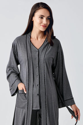 Double Breast Feeding 3-Pieces Maternity & Nursing Pajamas With Robe Black - 15307