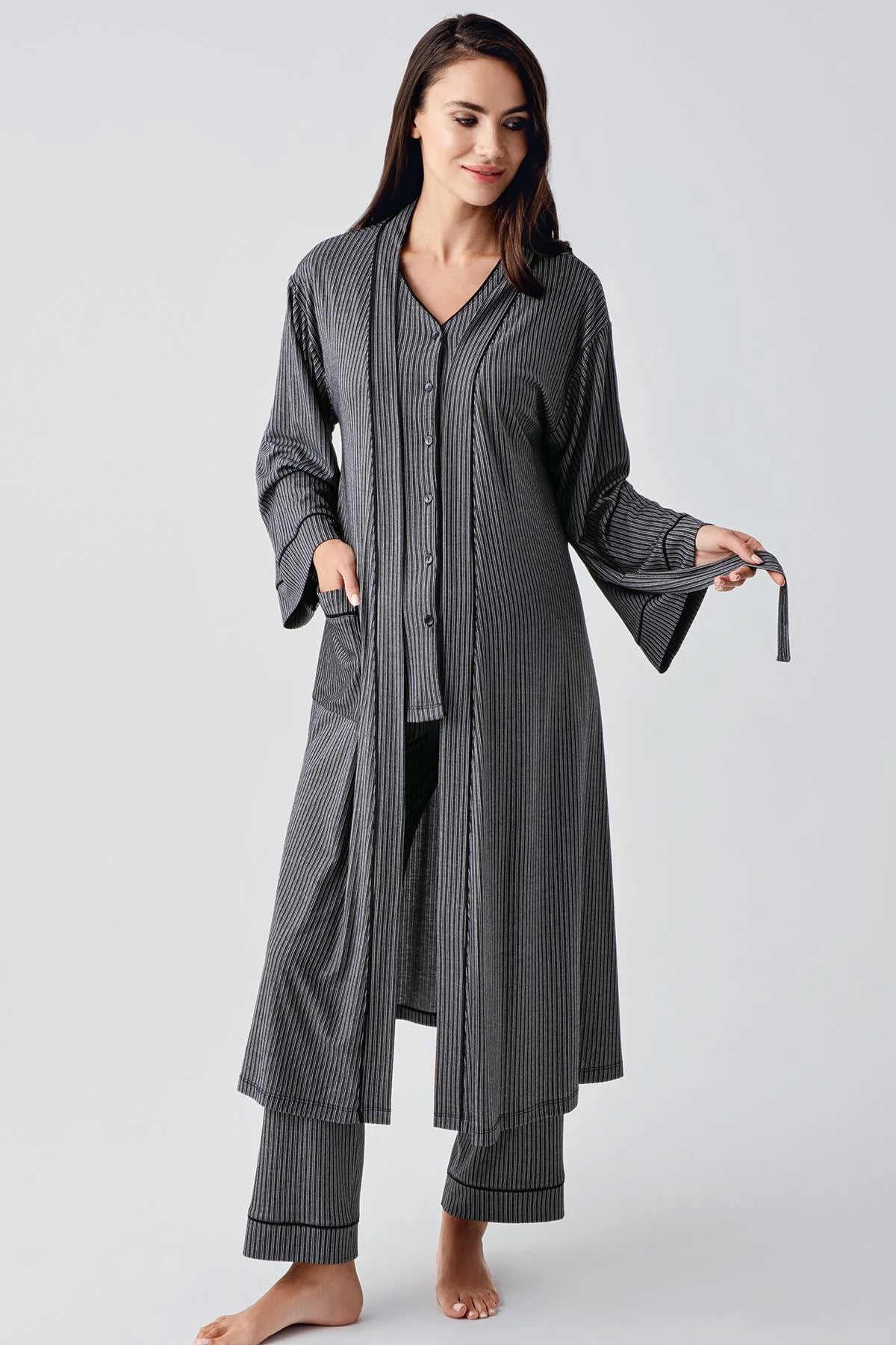 Double Breast Feeding 3-Pieces Maternity & Nursing Pajamas With Robe Black - 15307