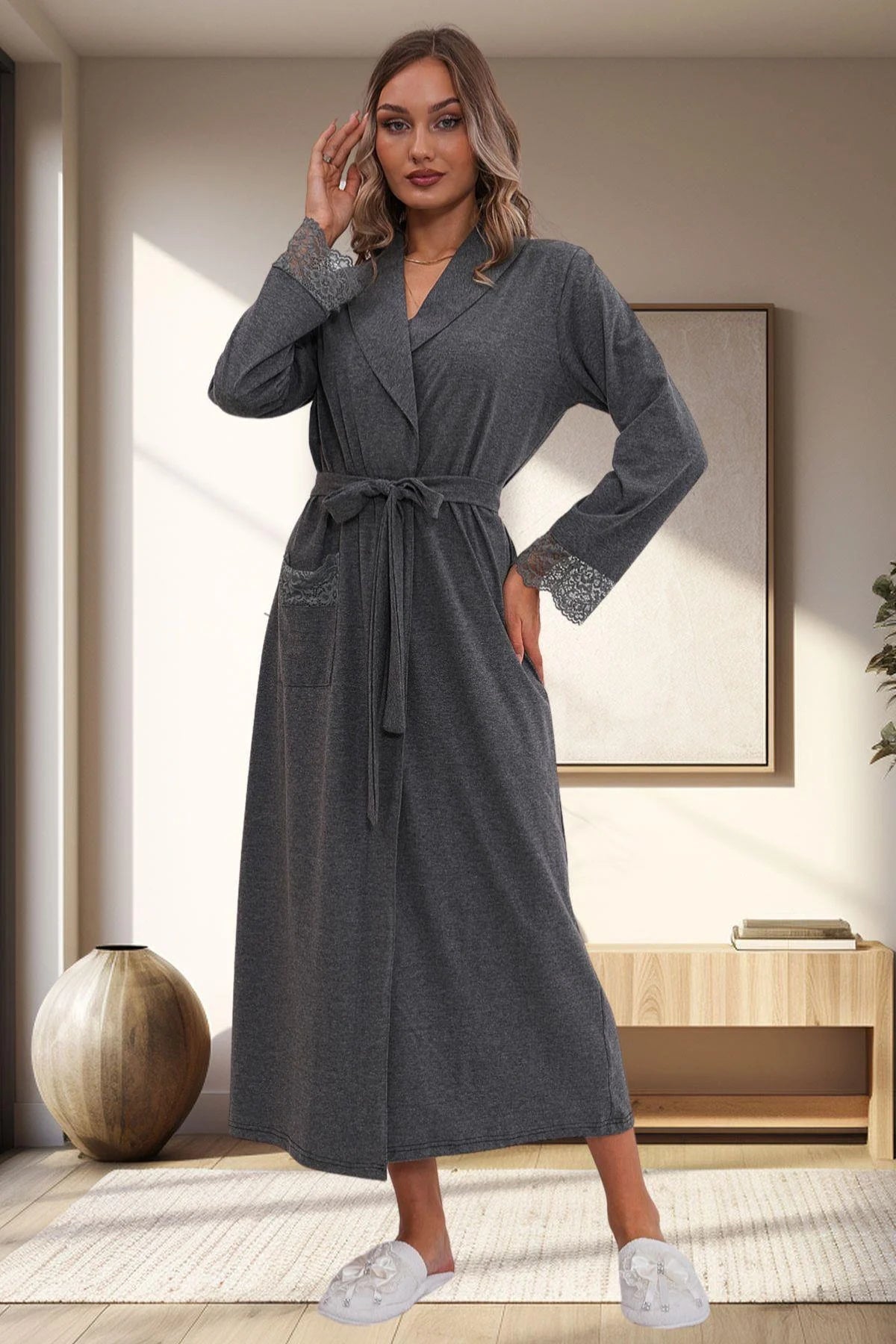 Lace Sleeve Maternity Robe Charcoal - 1543