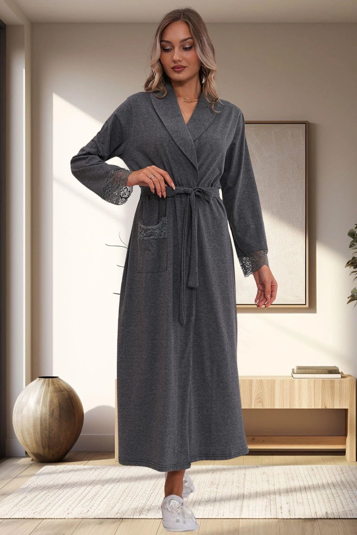 Lace Sleeve Maternity Robe Charcoal - 1543