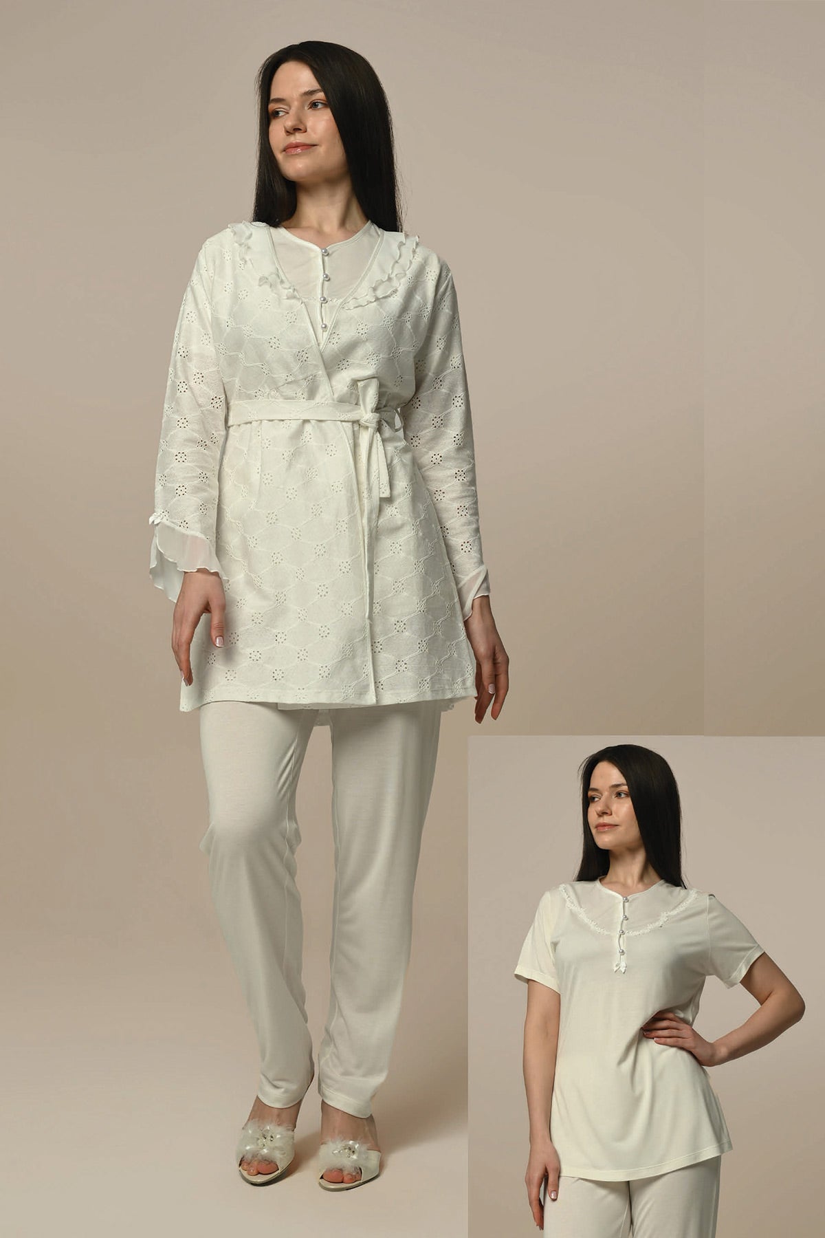 Tulle Lace 3-Pieces Maternity & Nursing Pajamas With Jacquard Robe Ecru - 24330