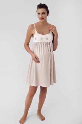 Polka Dot Strap Maternity & Nursing Nightgown Beige - 16101