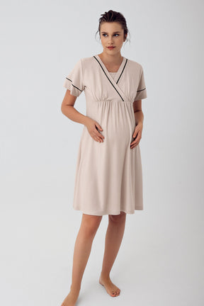 Double Breasted Maternity & Nursing Nightgown Beige - 16102