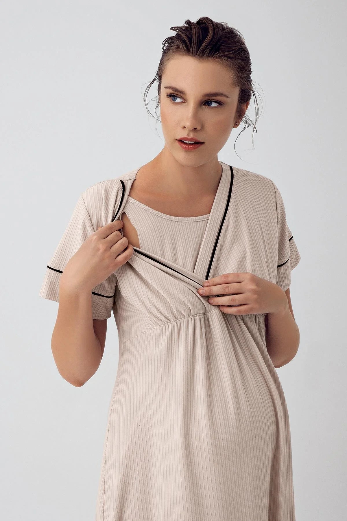 Double Breasted Maternity & Nursing Nightgown Beige - 16102