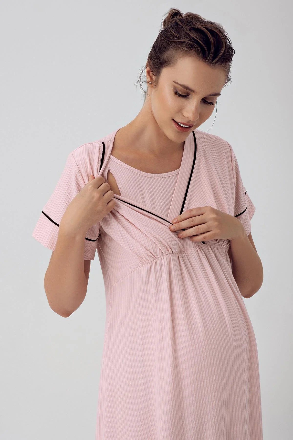 Double Breasted Maternity & Nursing Nightgown Pink - 16102