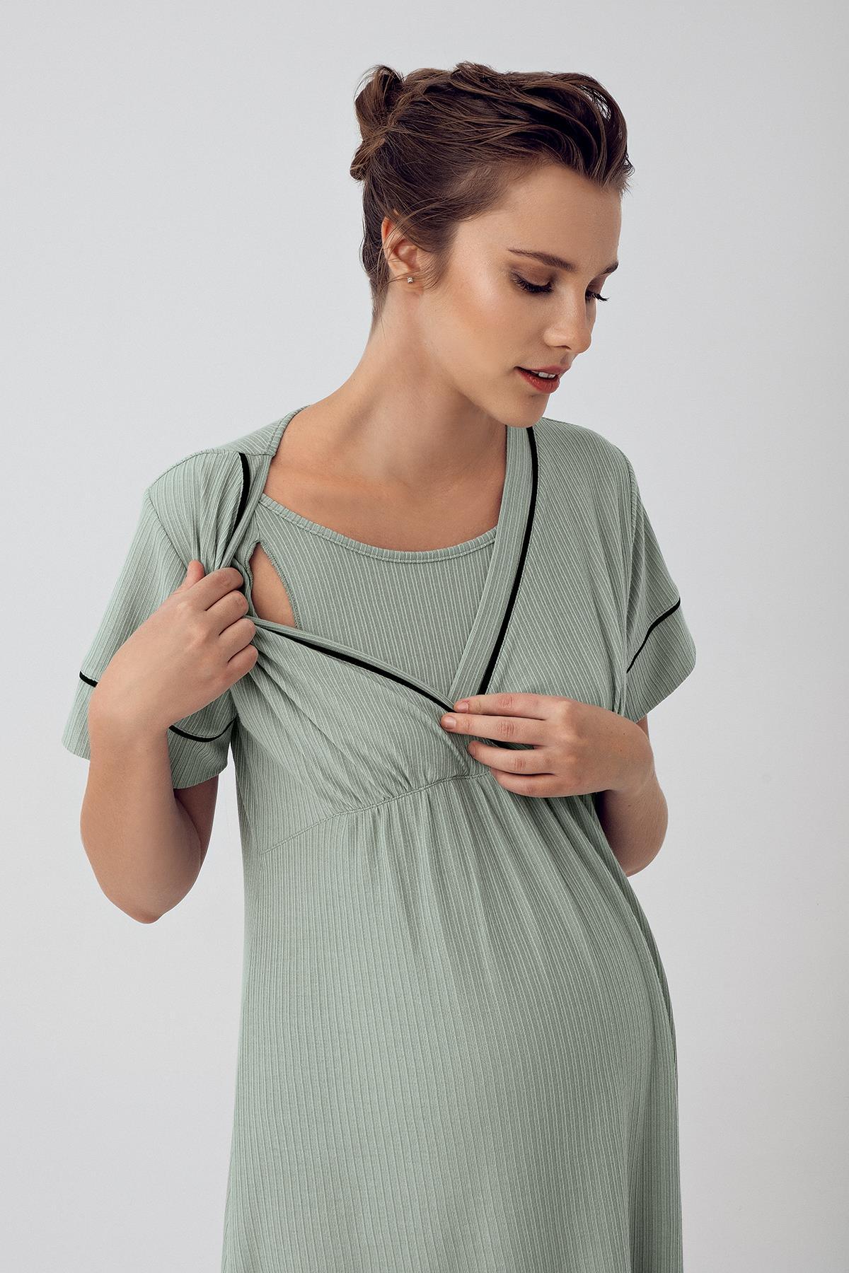 Double Breasted Maternity & Nursing Nightgown Green - 16102