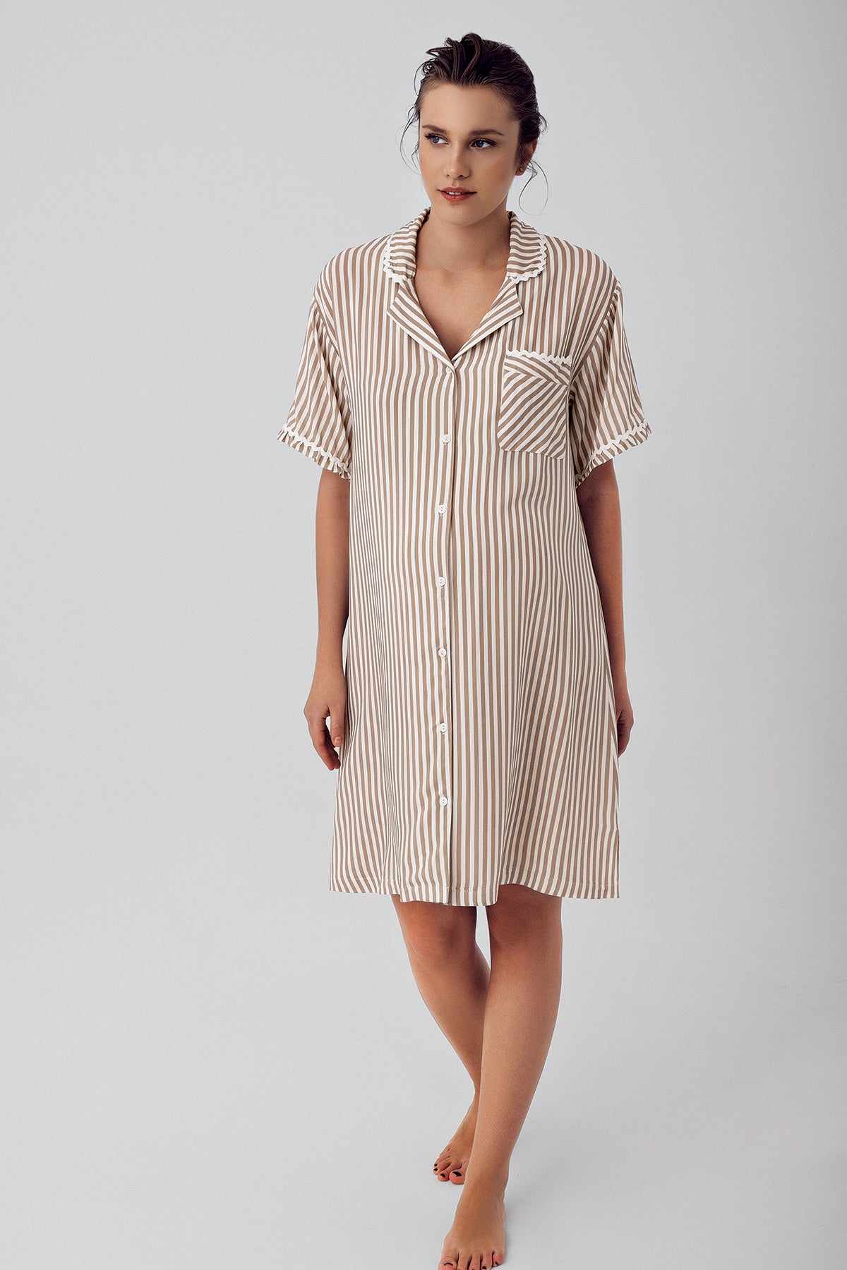 Striped Maternity & Nursing Nightgown Beige - 16103
