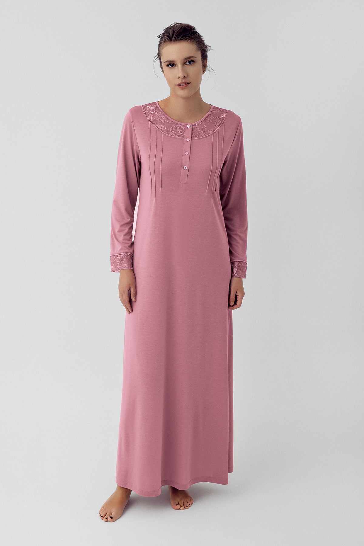 Lace Sleeve Long Maternity & Nursing Nightgown Dried Rose - 16104