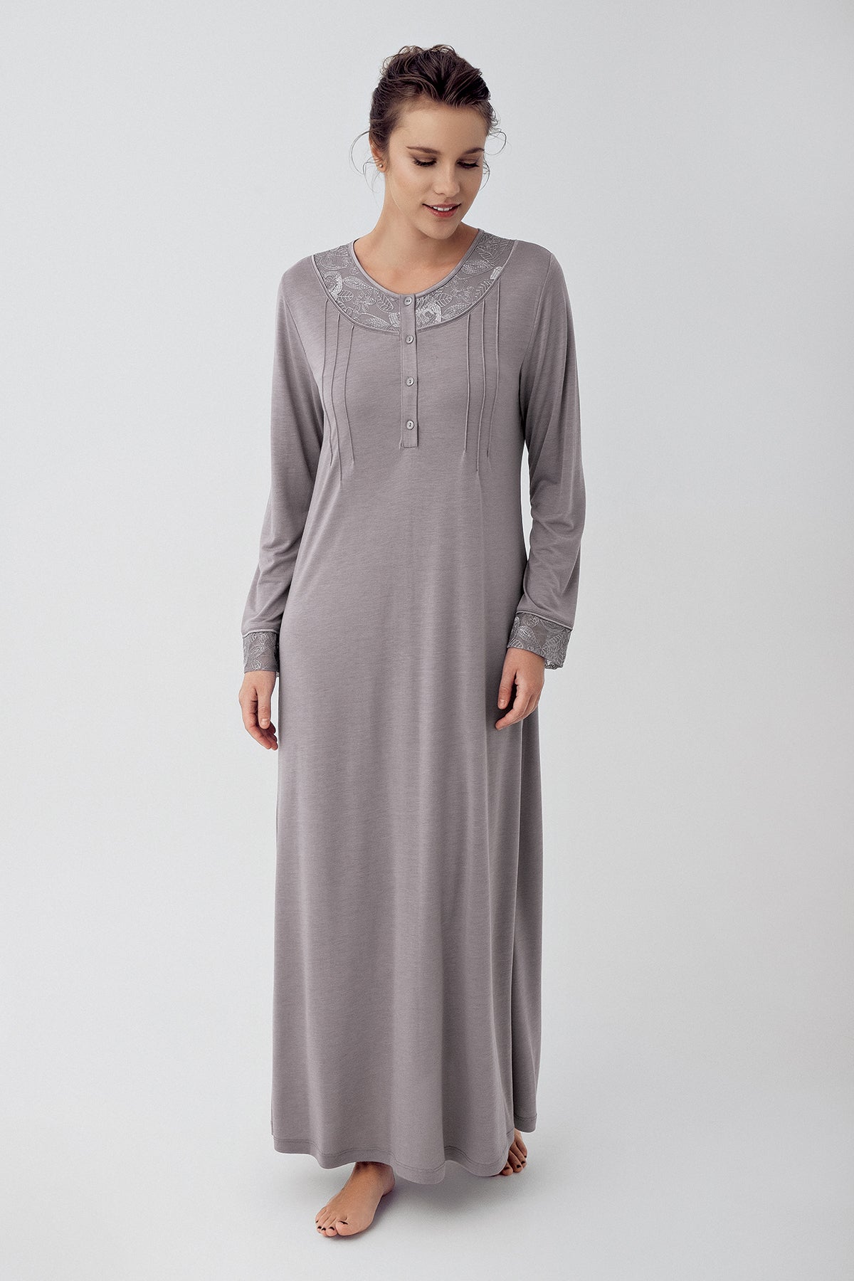 Lace Sleeve Long Maternity & Nursing Nightgown Grey - 16104