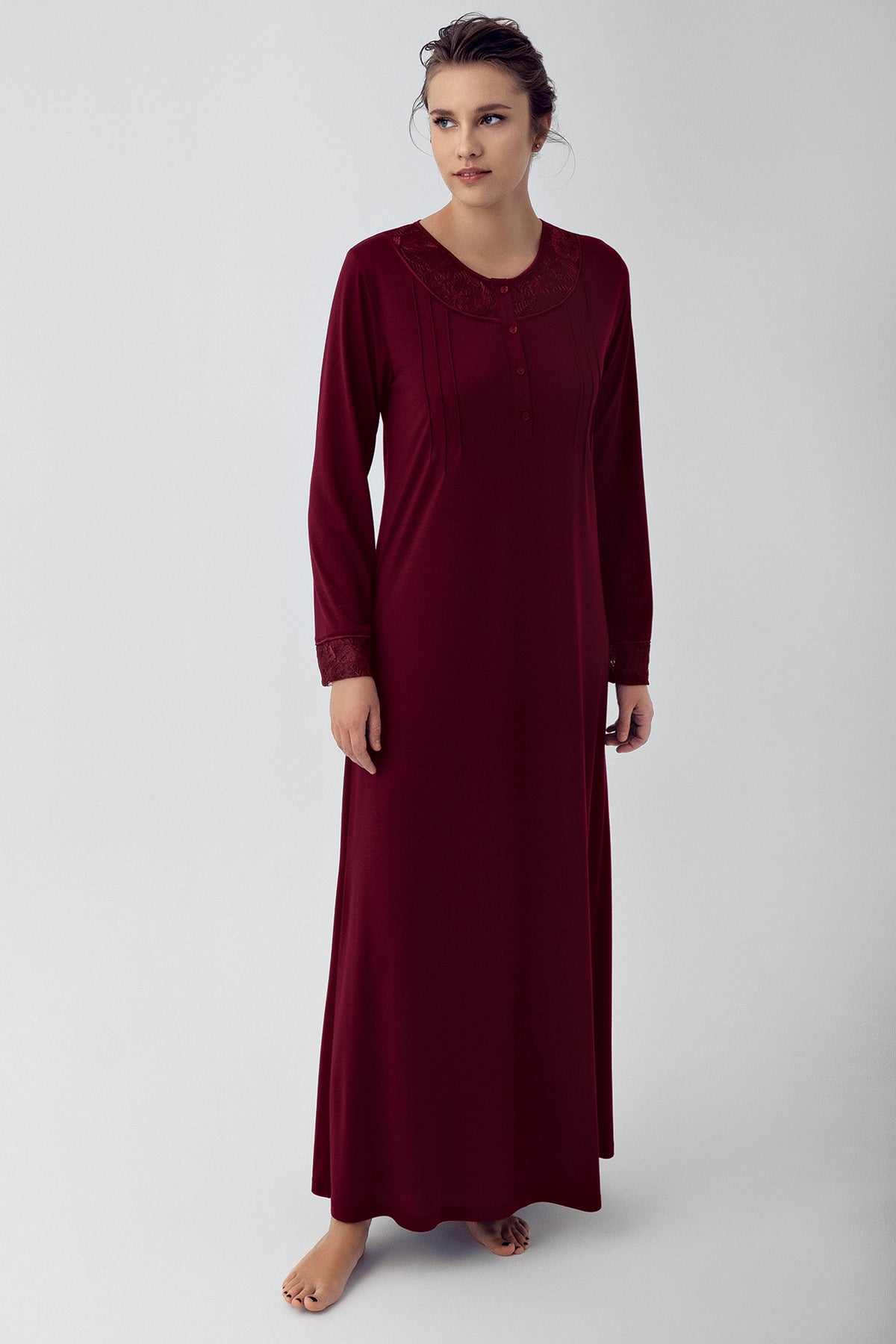 Lace Sleeve Long Maternity & Nursing Nightgown Claret Red - 16104