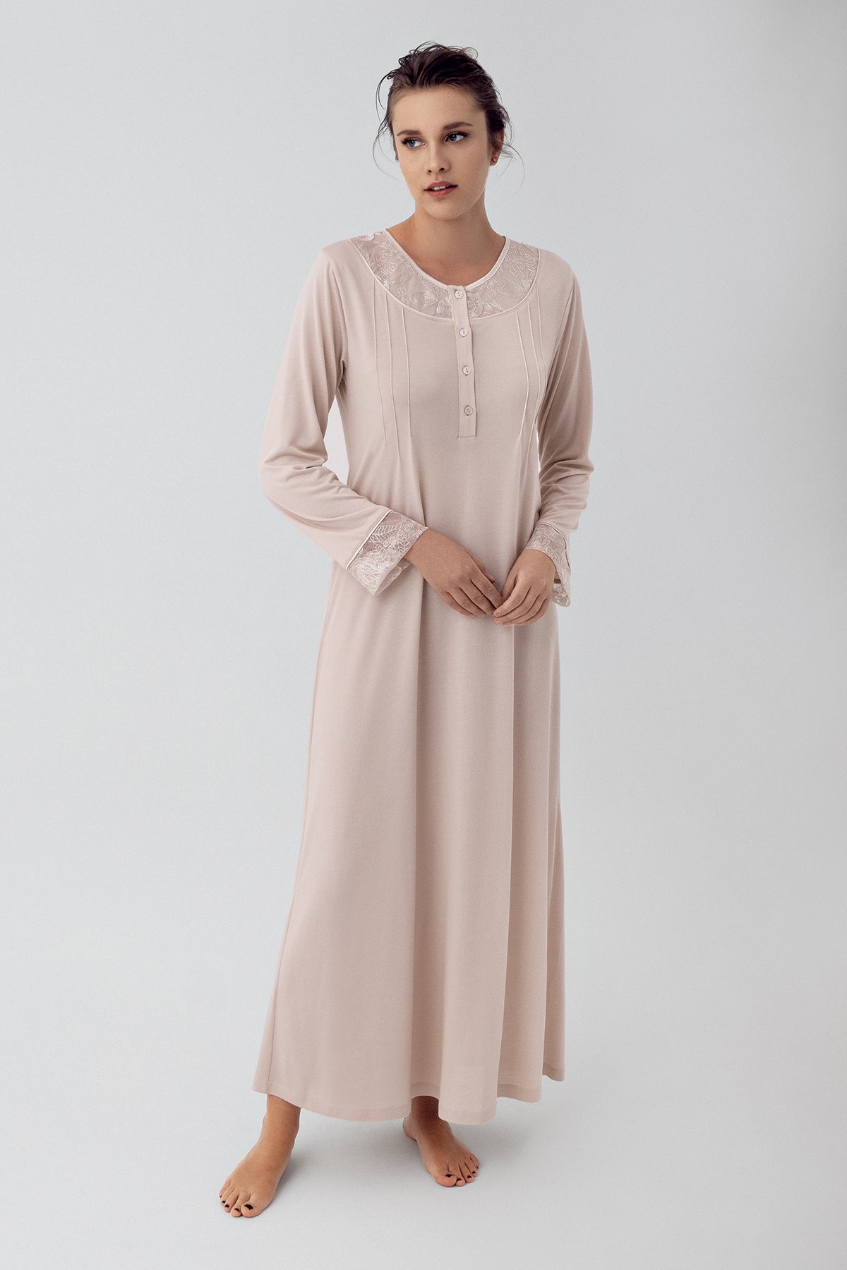 Lace Sleeve Long Maternity & Nursing Nightgown Beige - 16104