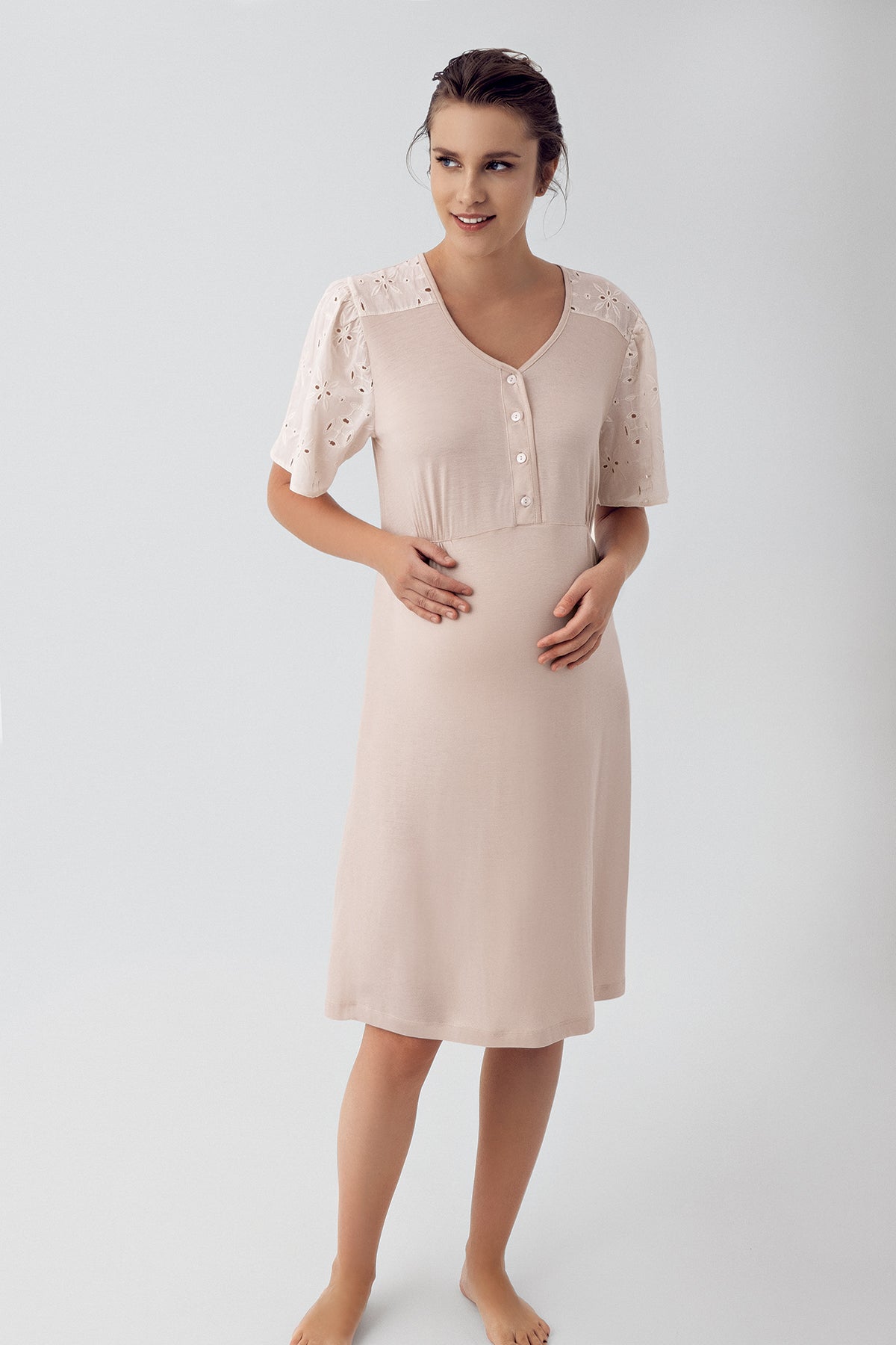 Lace Sleeve Maternity & Nursing Nightgown Beige - 16106