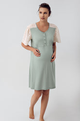 Lace Sleeve Maternity & Nursing Nightgown Green - 16106