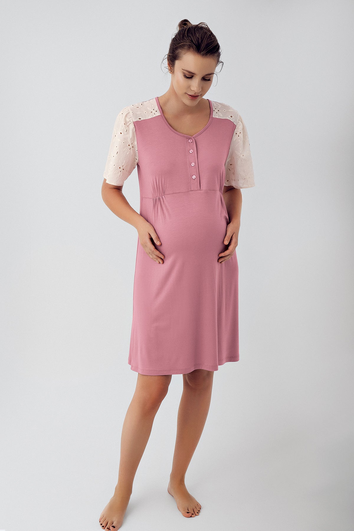 Lace Sleeve Maternity & Nursing Nightgown Dried Rose - 16106