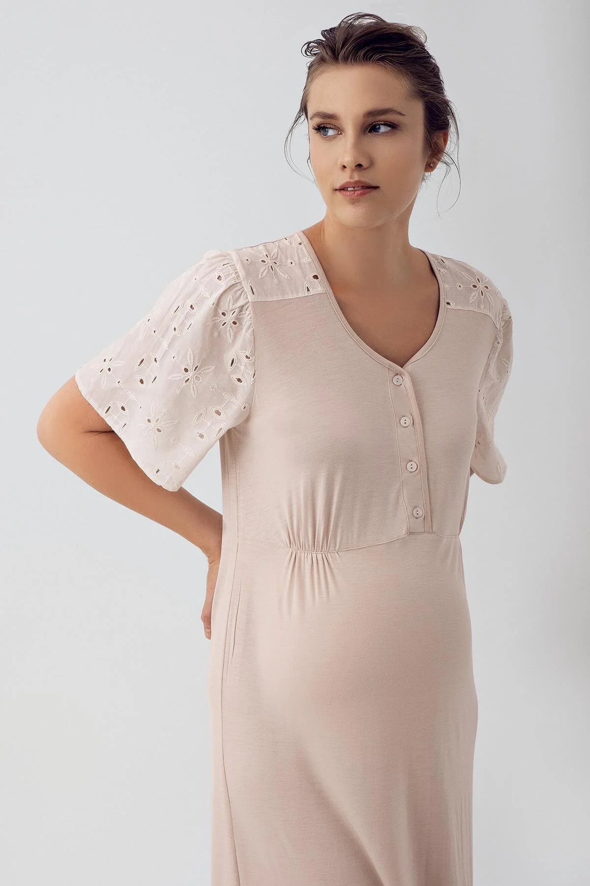 Lace Sleeve Maternity & Nursing Nightgown Beige - 16106