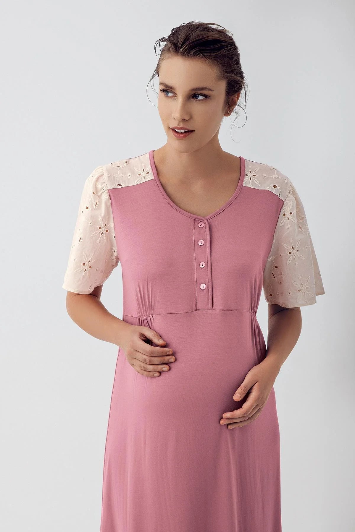 Lace Sleeve Maternity & Nursing Nightgown Dried Rose - 16106