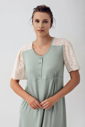 Lace Sleeve Maternity & Nursing Nightgown Green - 16106