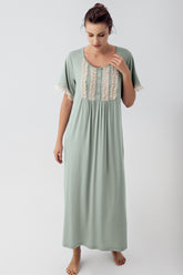Tulle Lace Sleeve Plus Size Maternity & Nursing Nightgown Green - 16108