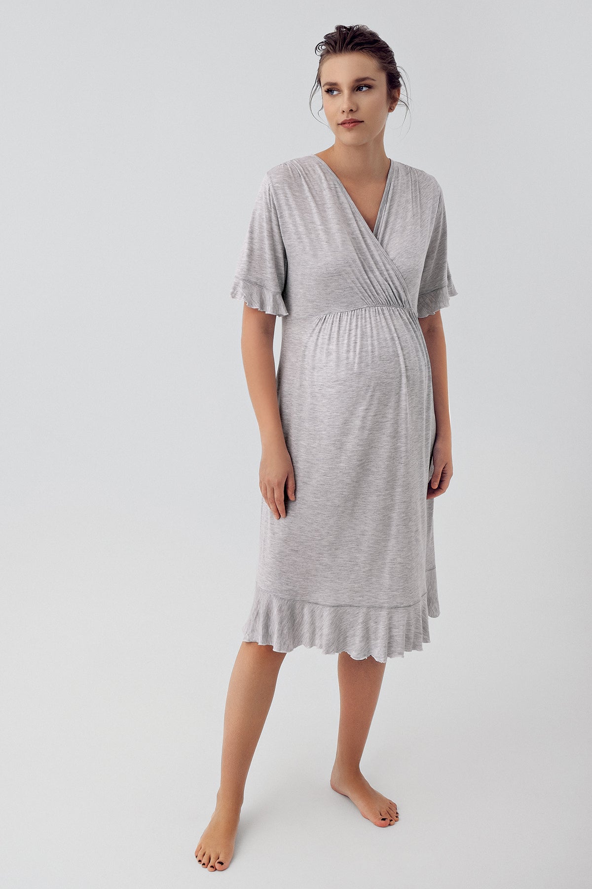 Double Breasted Maternity & Nursing Nightgown Grey - 16109